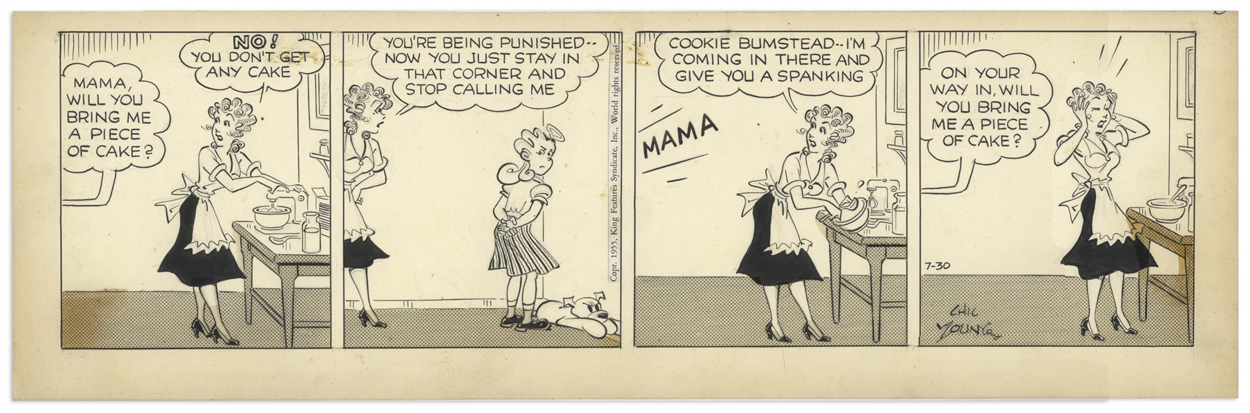 Chic Young Hand-Drawn ''Blondie'' Comic Strip From 1955 Titled ''Can I Have Cake?''
